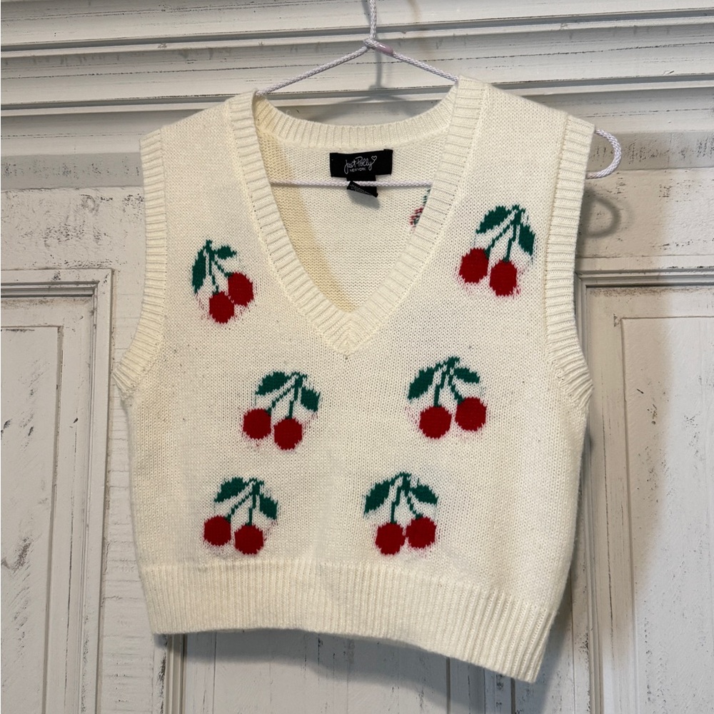 Just Polly Cream Knit Vest with Cherry Detail